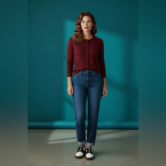 89th & Madison Sweaters - 89th & Madison Polka Dot Cardigan, Burgundy/Black, Size XL, GUC